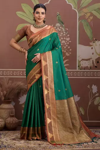 Green tussar silk handloom weaving temple border saree