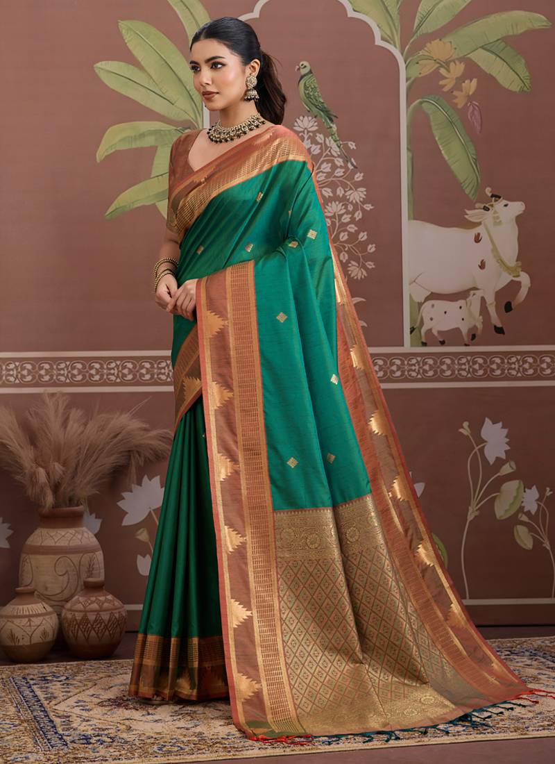 Green tussar silk handloom weaving temple border saree