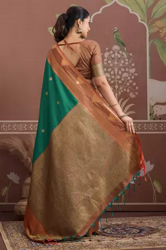Green tussar silk handloom weaving temple border saree