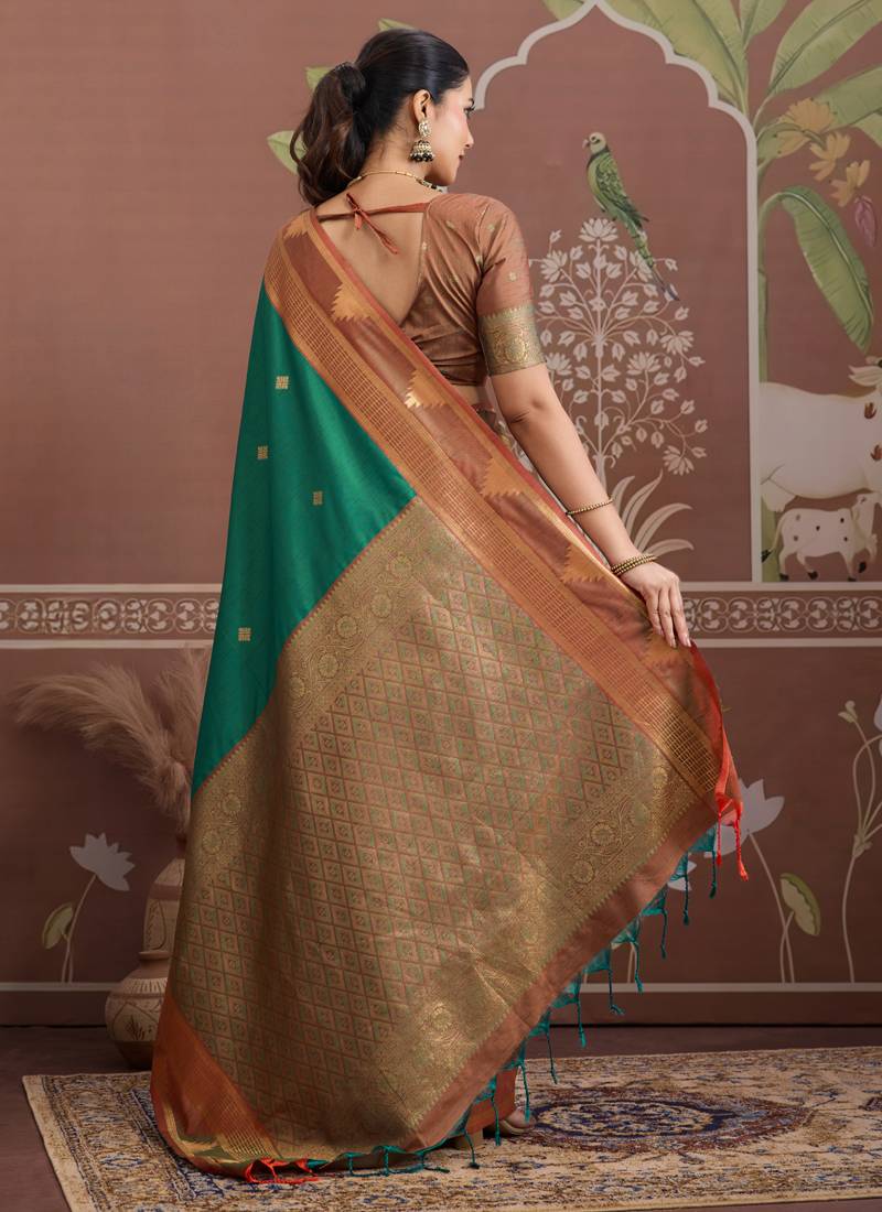 Green tussar silk handloom weaving temple border saree