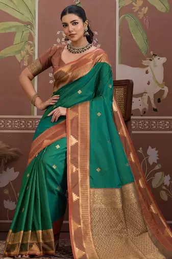 Green tussar silk handloom weaving temple border saree