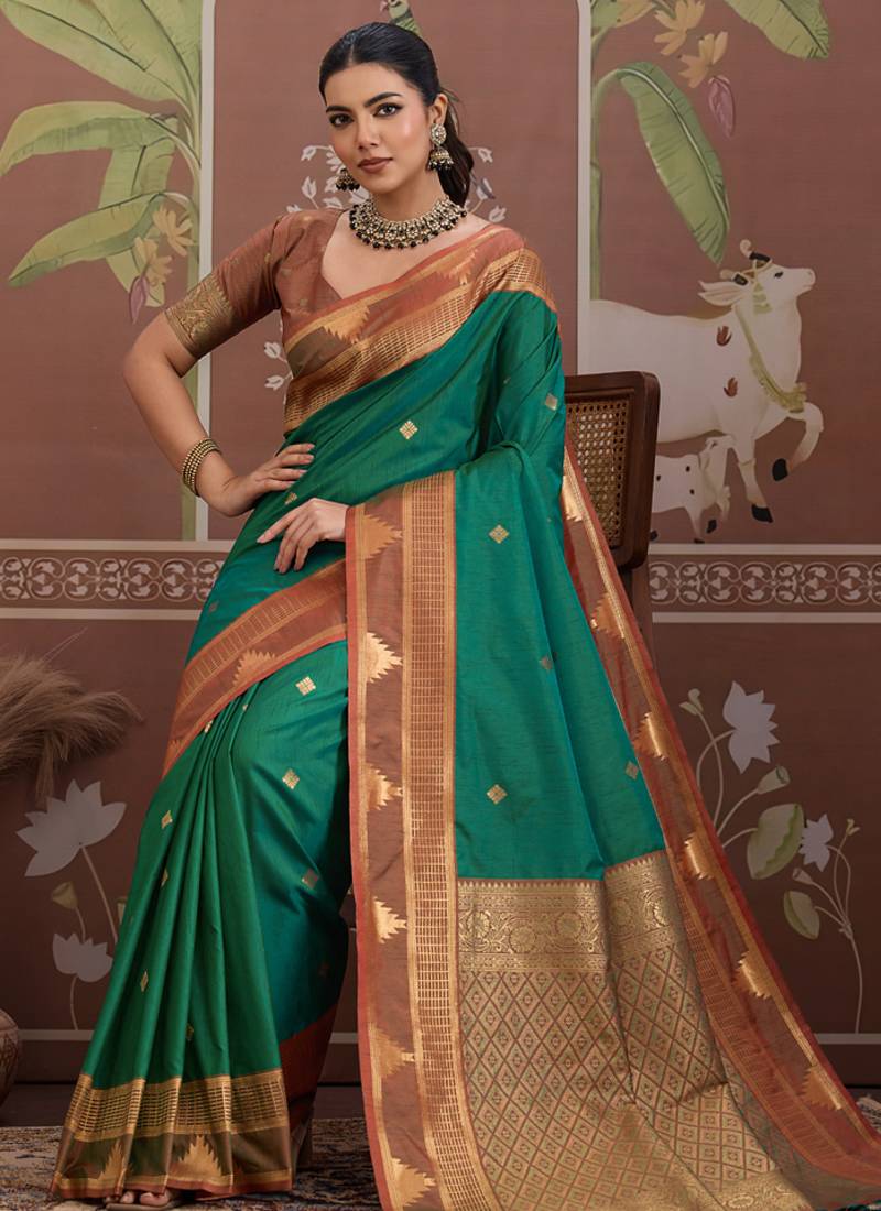 Green tussar silk handloom weaving temple border saree