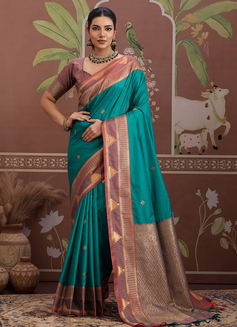 Peacock green tussar silk handloom weaving temple border saree