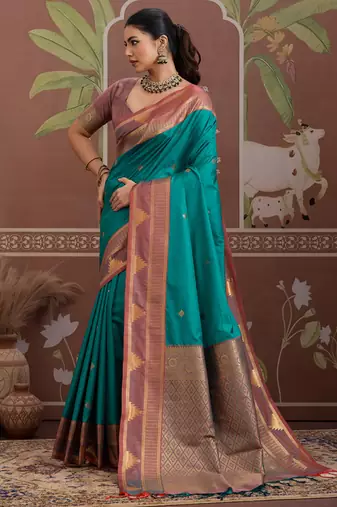 Peacock green tussar silk handloom weaving temple border saree