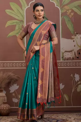 Peacock green tussar silk handloom weaving temple border saree