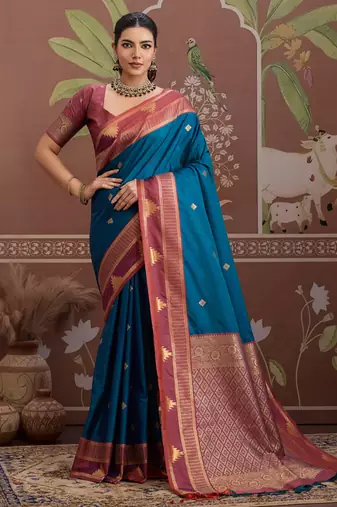 Peacock blue tussar silk handloom weaving temple border saree