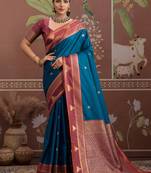 Peacock blue tussar silk handloom weaving temple border saree