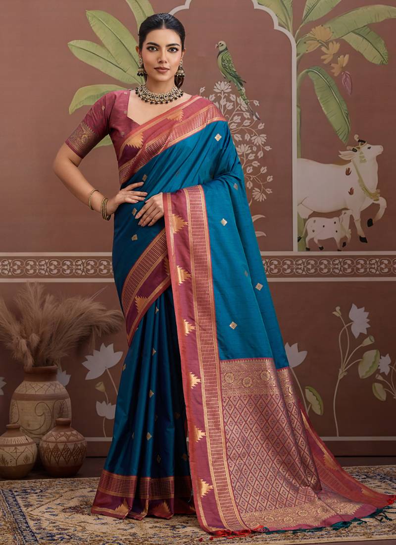 Peacock blue tussar silk handloom weaving temple border saree