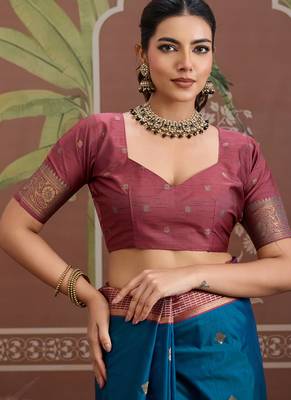Peacock blue tussar silk handloom weaving temple border saree 4