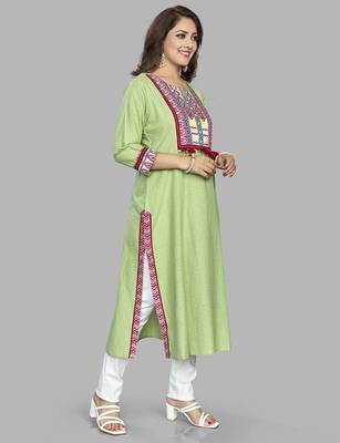  green pure cotton three quarter sleeves long kurta 1