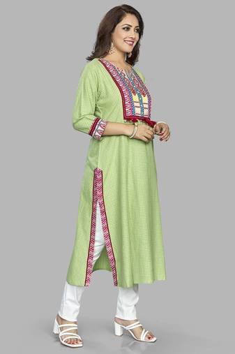  green pure cotton three quarter sleeves long kurta