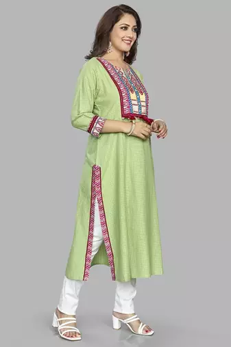  green pure cotton three quarter sleeves long kurta