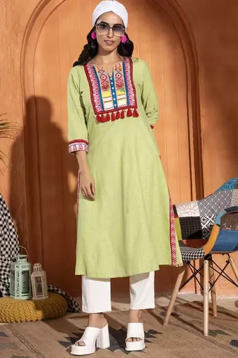  green pure cotton three quarter sleeves long kurta