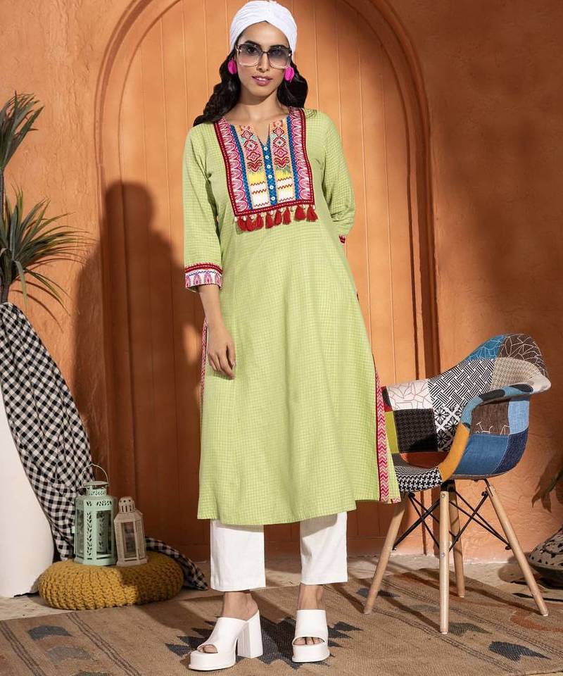  green pure cotton three quarter sleeves long kurta