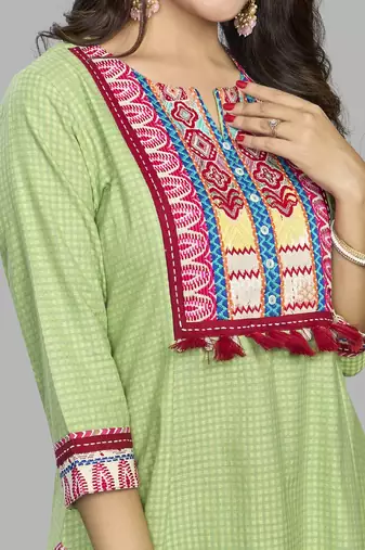  green pure cotton three quarter sleeves long kurta