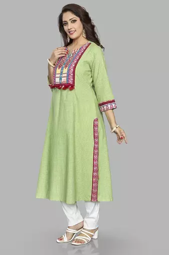  green pure cotton three quarter sleeves long kurta