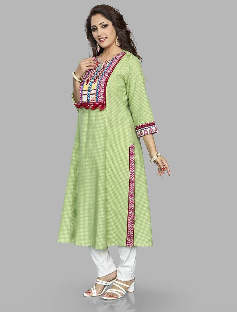  green pure cotton three quarter sleeves long kurta