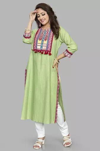  green pure cotton three quarter sleeves long kurta