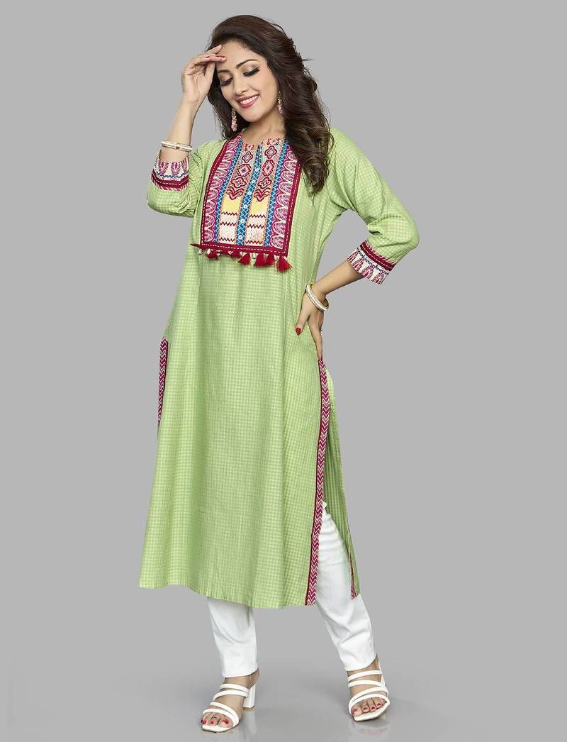  green pure cotton three quarter sleeves long kurta