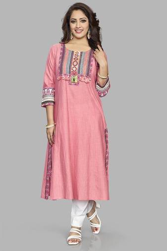  pink pure cotton three quarter sleeves long kurta