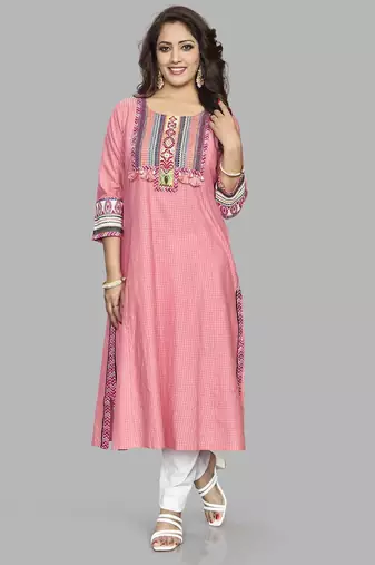  pink pure cotton three quarter sleeves long kurta