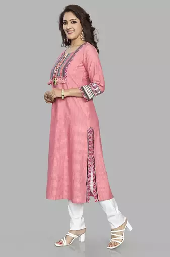  pink pure cotton three quarter sleeves long kurta