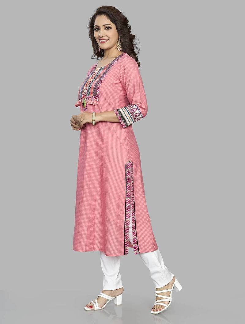  pink pure cotton three quarter sleeves long kurta