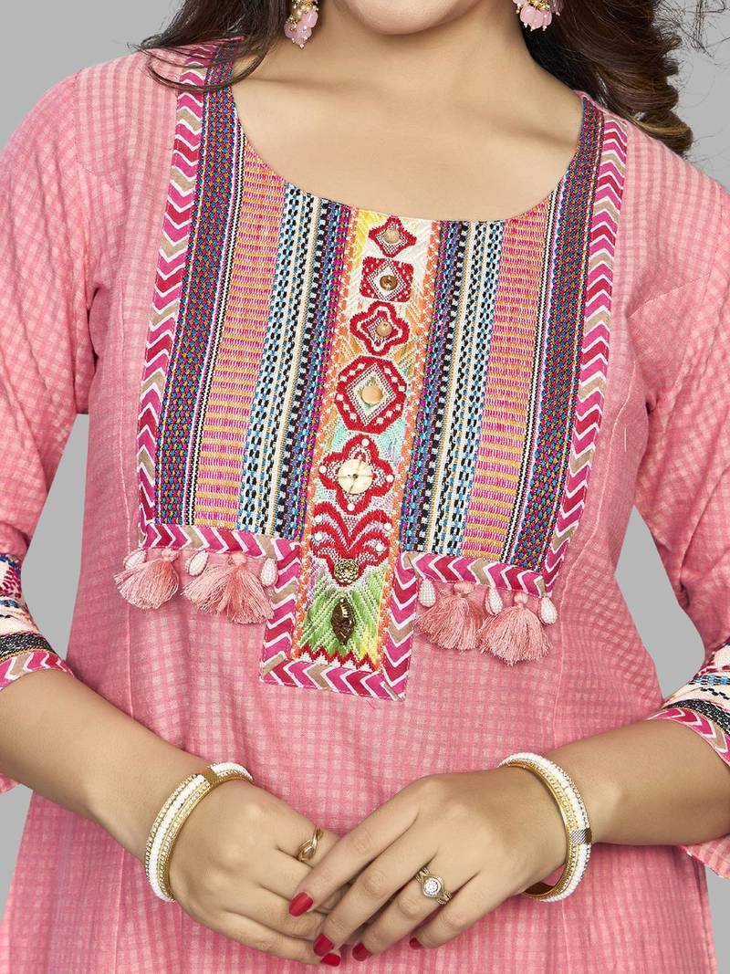  pink pure cotton three quarter sleeves long kurta