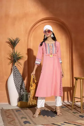  pink pure cotton three quarter sleeves long kurta