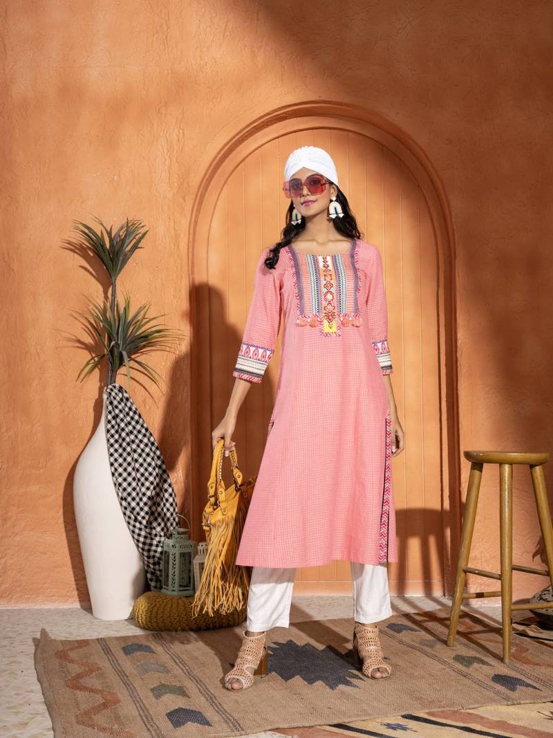  pink pure cotton three quarter sleeves long kurta