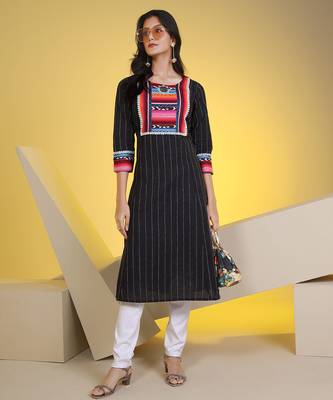  black pure cotton three quarter sleeves long kurta 1