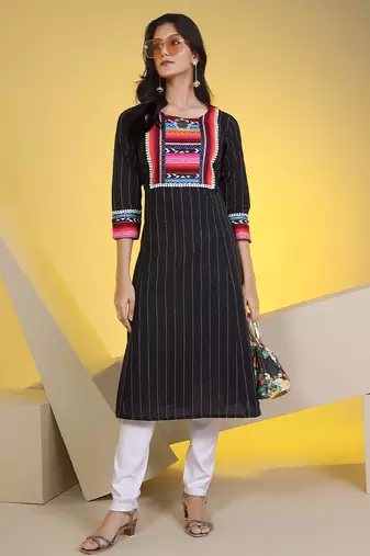  black pure cotton three quarter sleeves long kurta