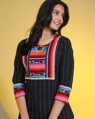  black pure cotton three quarter sleeves long kurta 2