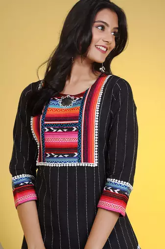  black pure cotton three quarter sleeves long kurta
