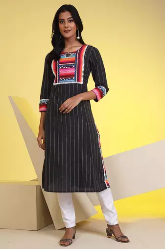  black pure cotton three quarter sleeves long kurta