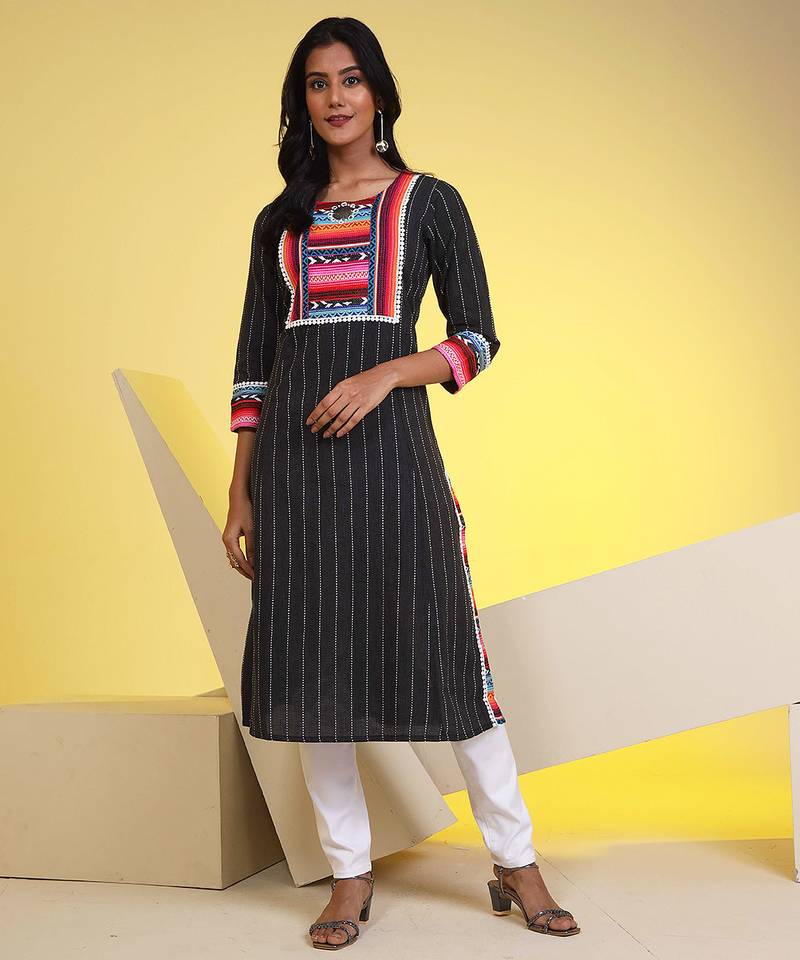  black pure cotton three quarter sleeves long kurta
