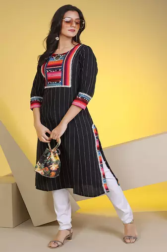  black pure cotton three quarter sleeves long kurta