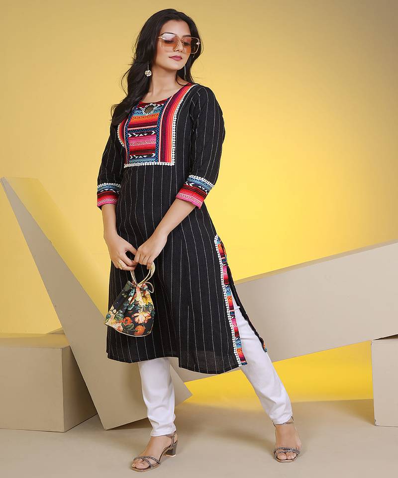  black pure cotton three quarter sleeves long kurta