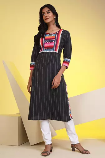  black pure cotton three quarter sleeves long kurta