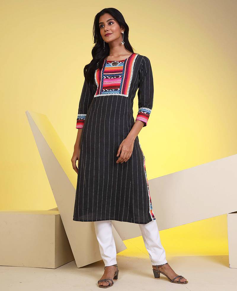  black pure cotton three quarter sleeves long kurta