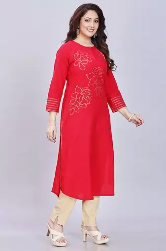  red pure cotton three quarter sleeves short kurti