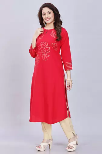  red pure cotton three quarter sleeves short kurti