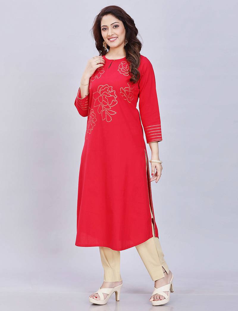  red pure cotton three quarter sleeves short kurti