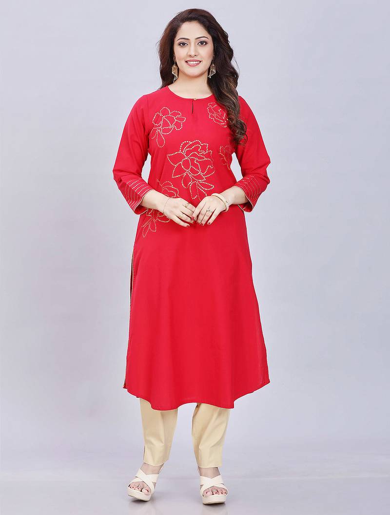  red pure cotton three quarter sleeves short kurti