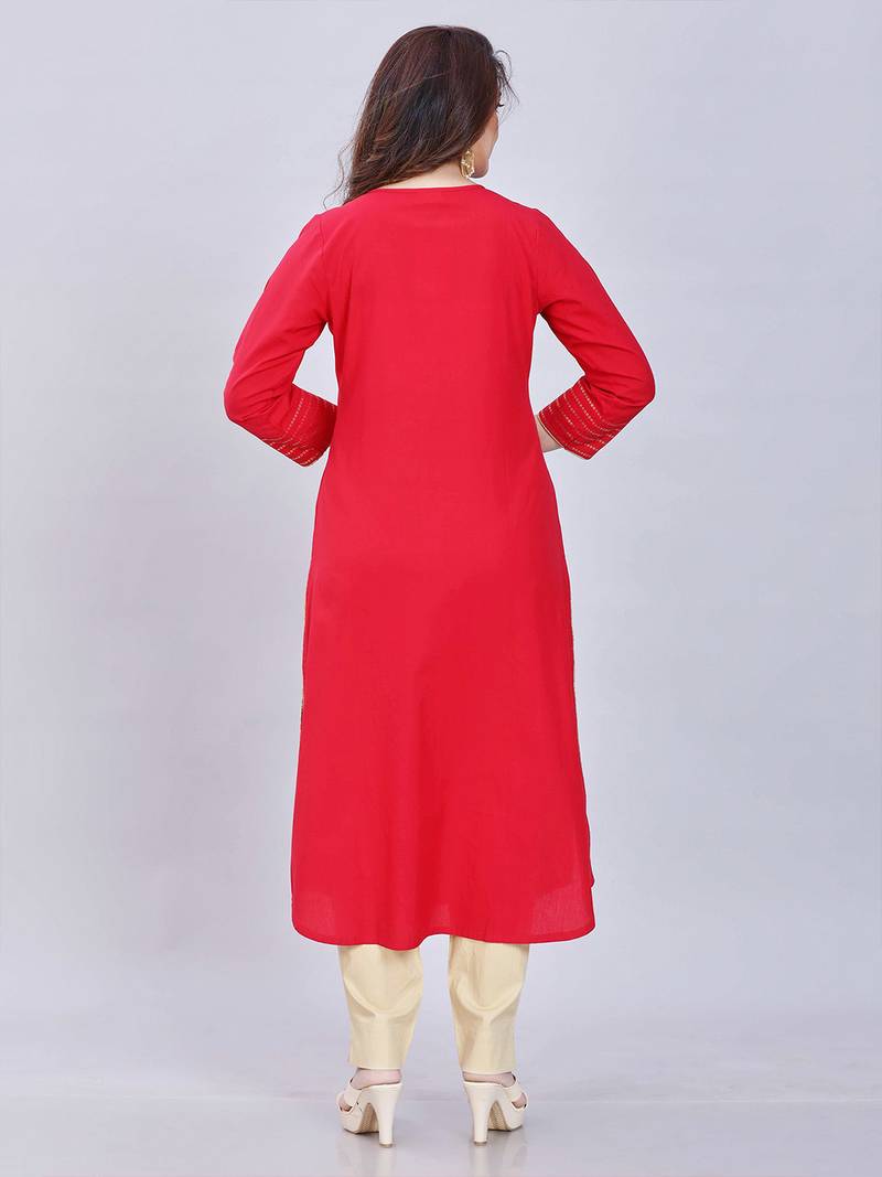  red pure cotton three quarter sleeves short kurti
