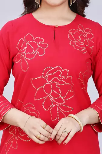  red pure cotton three quarter sleeves short kurti