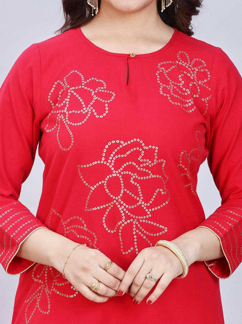  red pure cotton three quarter sleeves short kurti