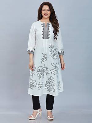  white pure cotton three quarter sleeves long kurta 1