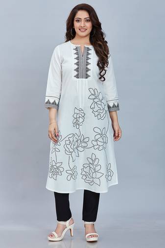  white pure cotton three quarter sleeves long kurta