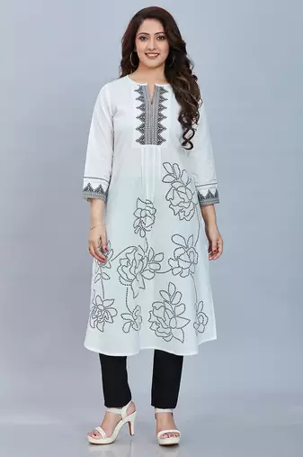  white pure cotton three quarter sleeves long kurta